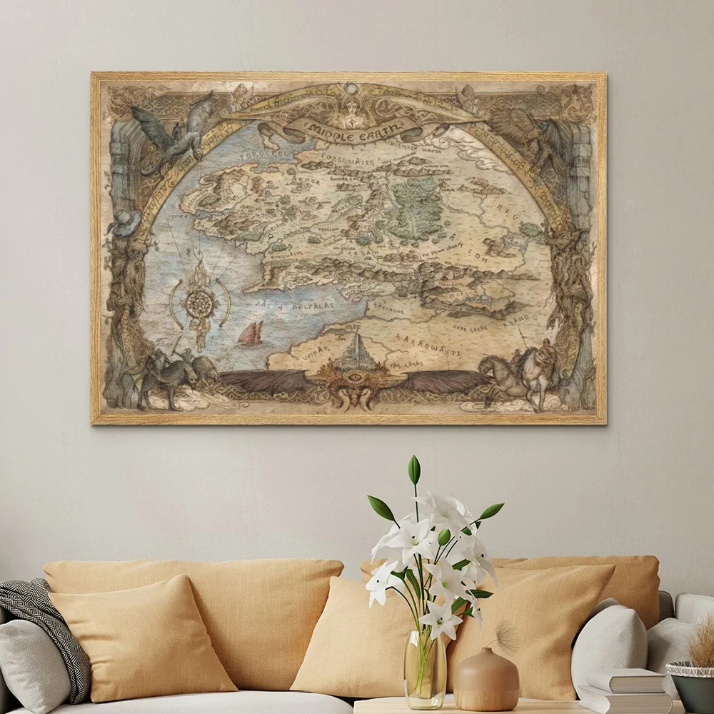 ديكور المنزل قماش يطبع الفيلم الكلاسيكي أنيمي ولعبة خريطة العالم الأرض الوسطى Westeros Essos خريطة ملصق جدار الفن اللوحة