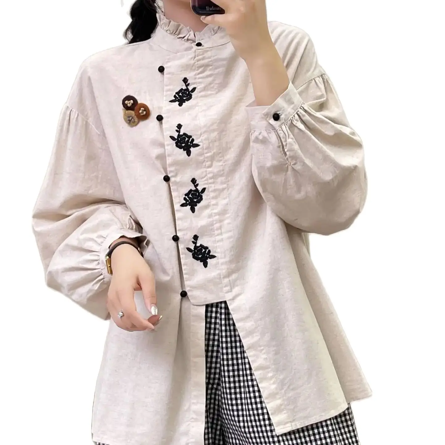 New Autumn Cotton Long Sleeve Shirt, Women Floral Embroidery Simple Top, Mori Girl Fashion Loose Blouses, 2024 Winter T48827QM