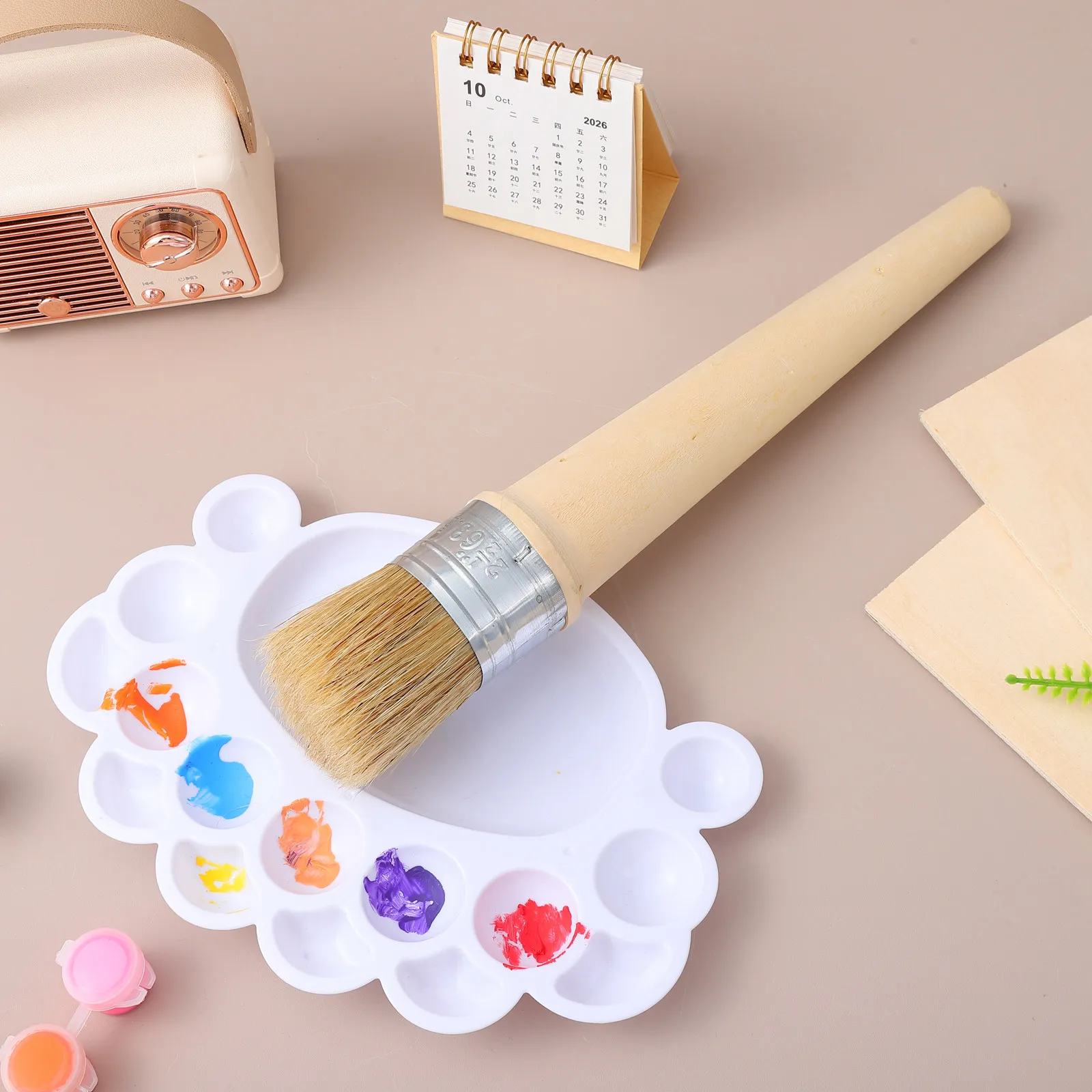 40Mm Round Wood Brush Natural Bristle Wax Brush for Furniture Painting Stenciling Home Tables Walls Precision