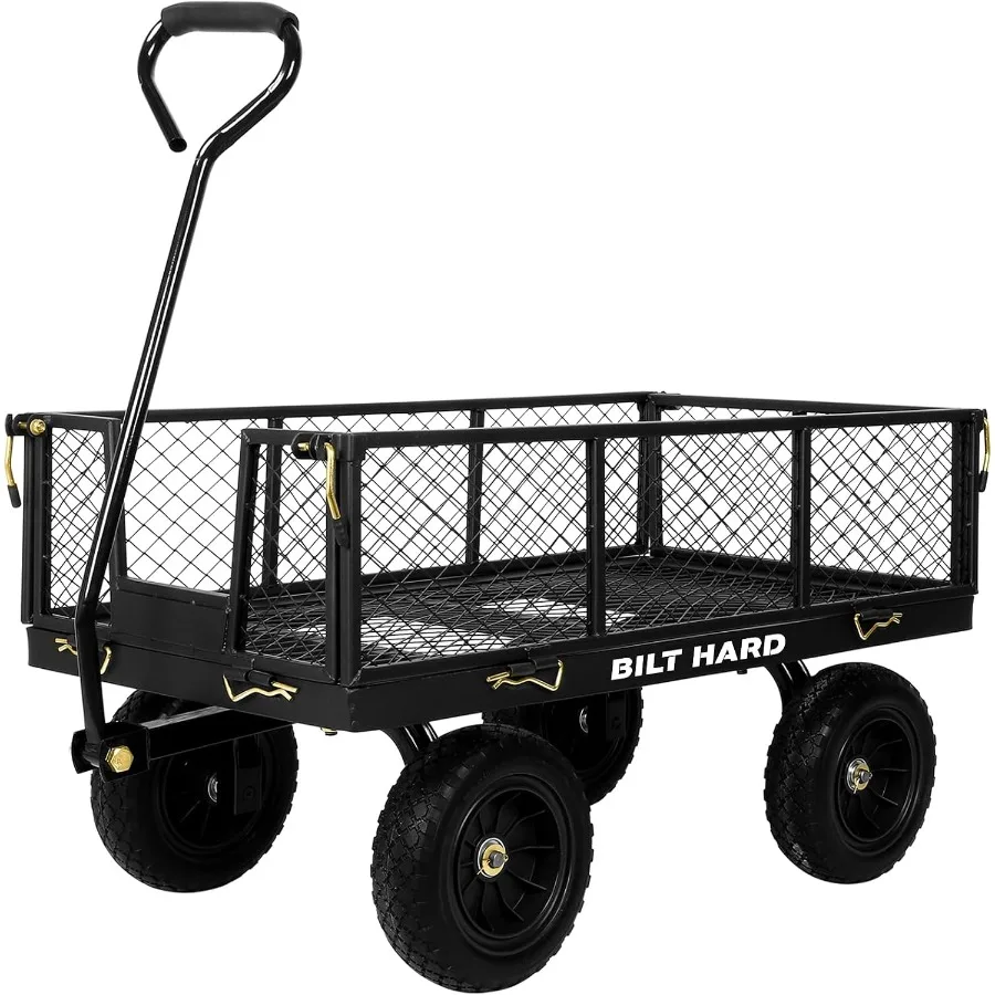 Garden cart with 400 lbs capacity, 10 rubber tires, steel frame, black finish, 180 rotating handle and removable sides for vers