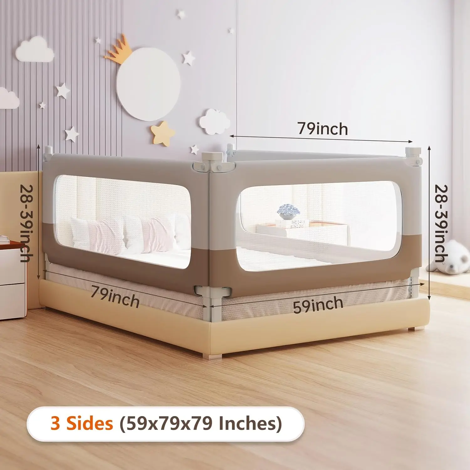 Protector de riel para niños pequeños, 3 lados, cerradura doble, Riel de cama de seguridad, altura ajustable, Extra alto