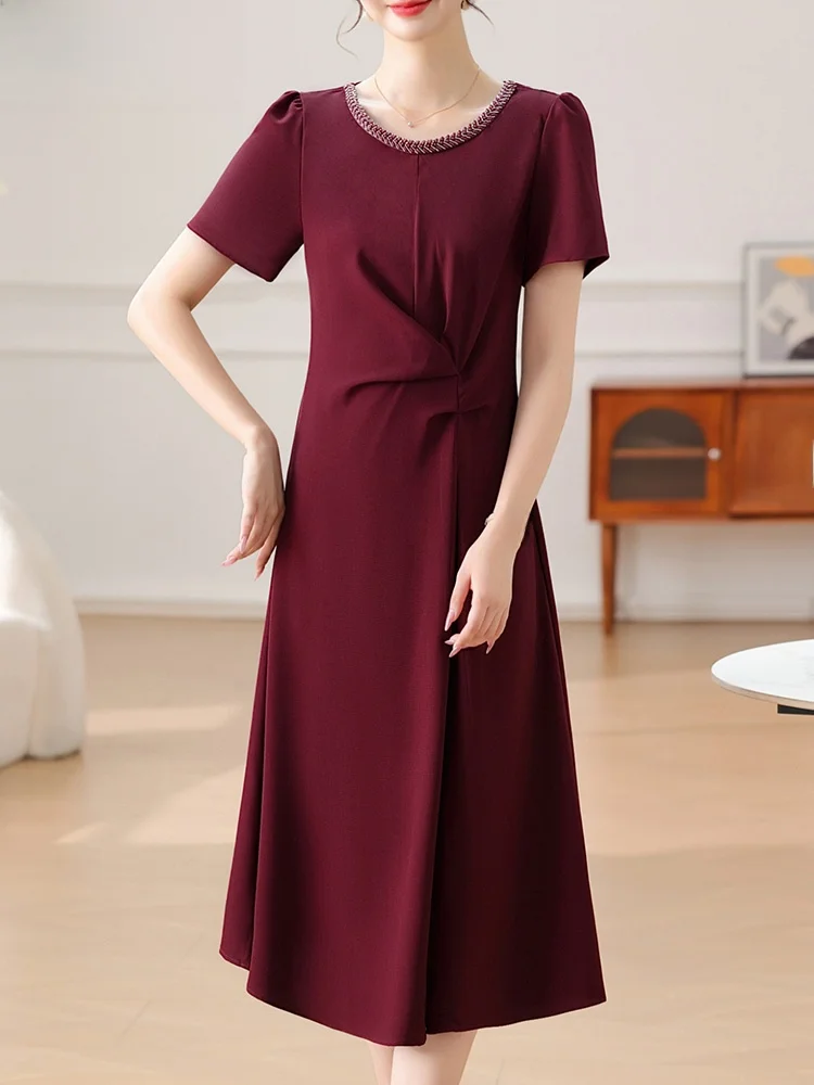 

Элегантное свадебное платье для женщин старшего возраста, модное, из полиэфирного волокна, с круглым вырезом, средней длины, подходит для лета.