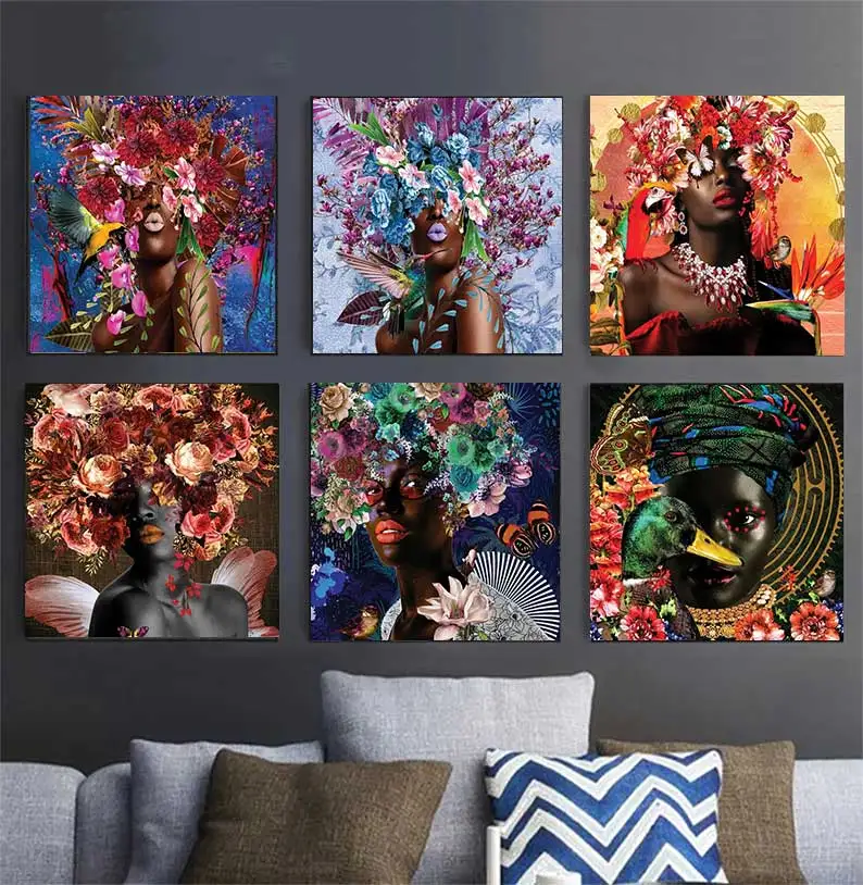 Nordic Flower on The Head with African Women Oil Painting on Canvas Scandinavian Poster Print Bloom Wall Art Picture Hoom Decor