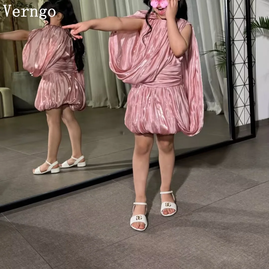 Розовое блестящее атласное мини-платье Verngo Princess для девочек с цветочным узором, с круглым вырезом, А-силуэт, для дня рождения, выпускного вечера, на заказ