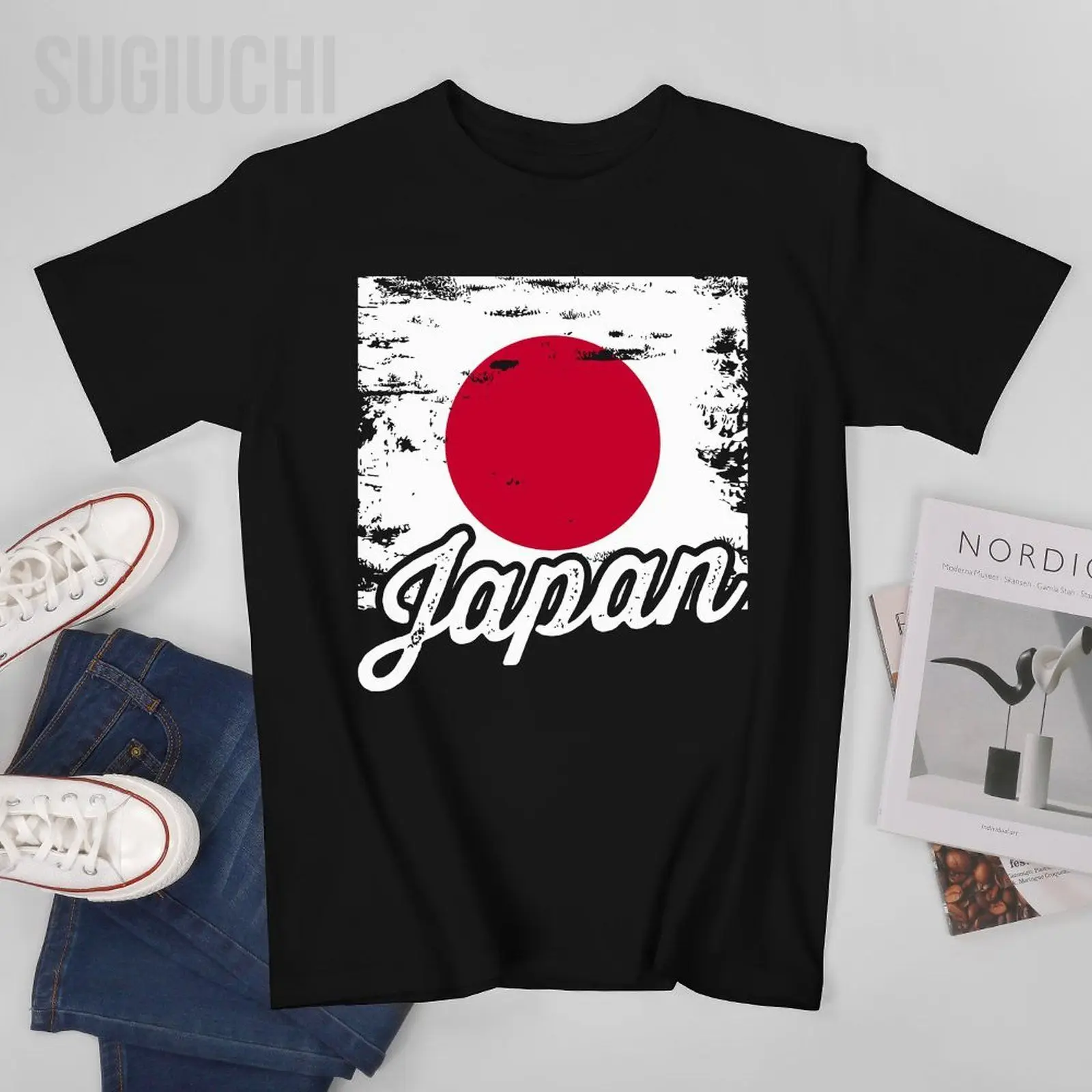 

Мужская винтажная футболка с японским флагом, футболки с круглым вырезом, короткая футболка из 100% хлопка для женщин и мальчиков, унисекс, всесезонные