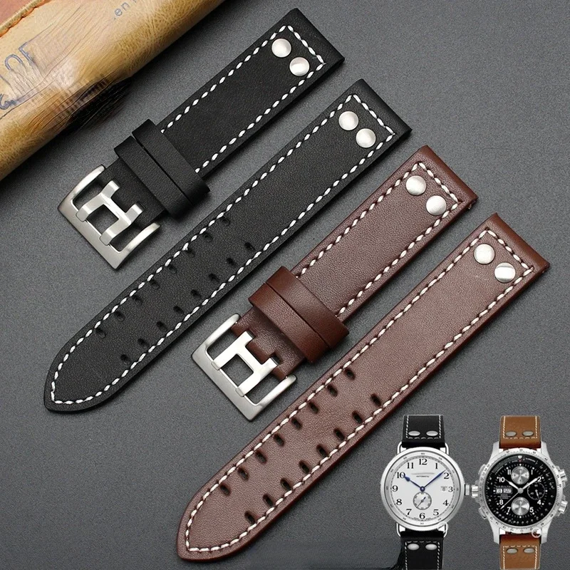 Genuine Leather Watch Strap for Hamilton Khaki Naval Aircraft Field Waterproof Sweat-Proof Soft Comfortable Watchband 20 22mm