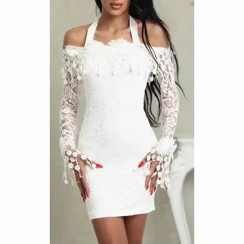 2024 Sexig Vit Spetsklänning Långärmad Damklänning Bodycon Off Shoulder Spets Bröllopsfest Clubwear Kväll Kort Miniklänning 10 best sales vita spetsklänningar - №1