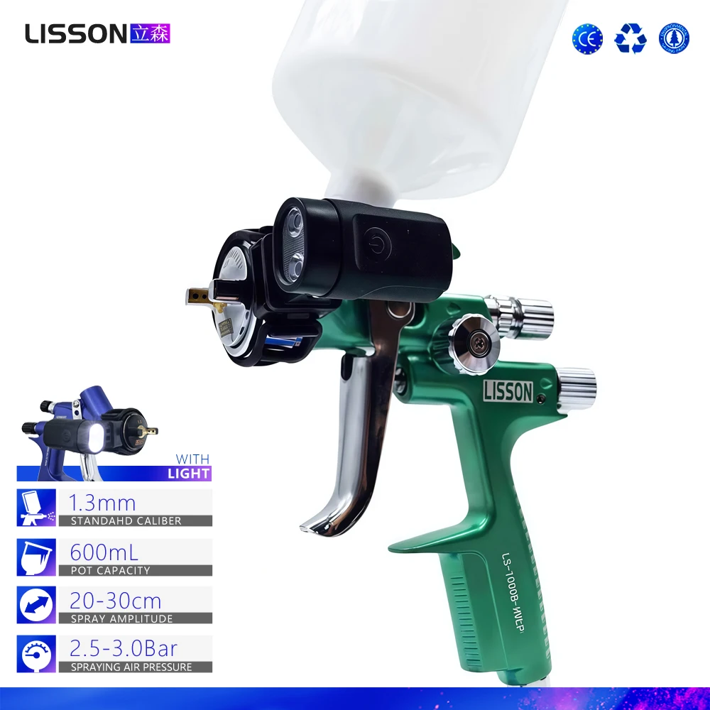Standard Caliber 1.3mm HVLP Spray Gun with LED – Bright Green, 600ml Gravity Feed for Car & Wood Paintin