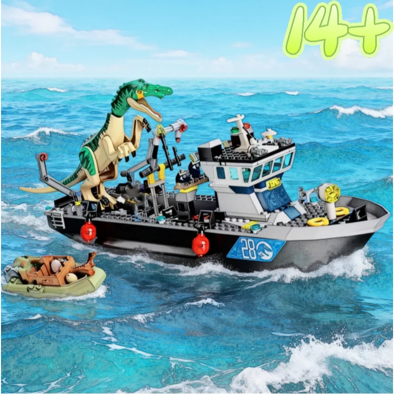 Image of Auf Lager Dinosaurier-Welt-Serie Bausteine Baryonyx Dinosaurier-Boot-Fluchtmodell Schwimmendes Wasserspielzeug DIY-Montage Desktop-Geschenke