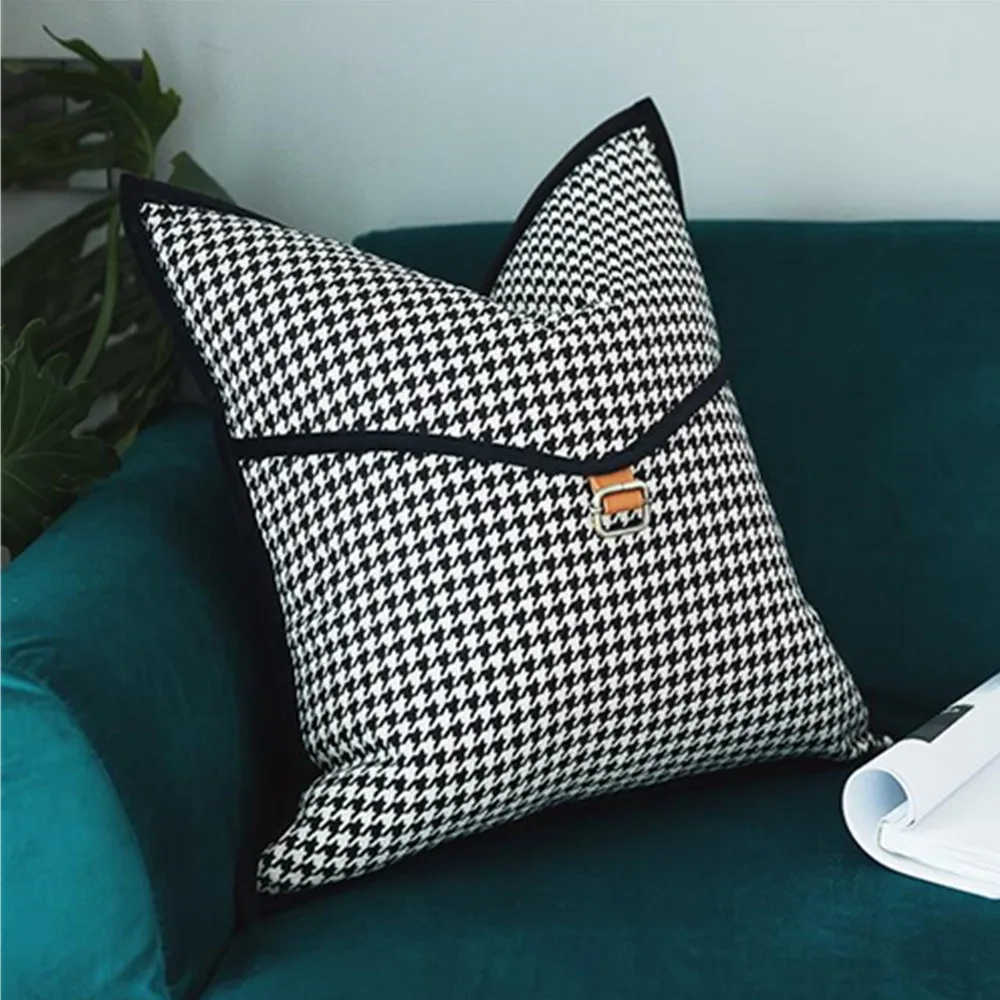 48x48/30x50cm Luxury Orange PU Leather Cushion Cover Pillowcase Waist Pillow Cushion Cover Black White Houndstooth Pillow Cover