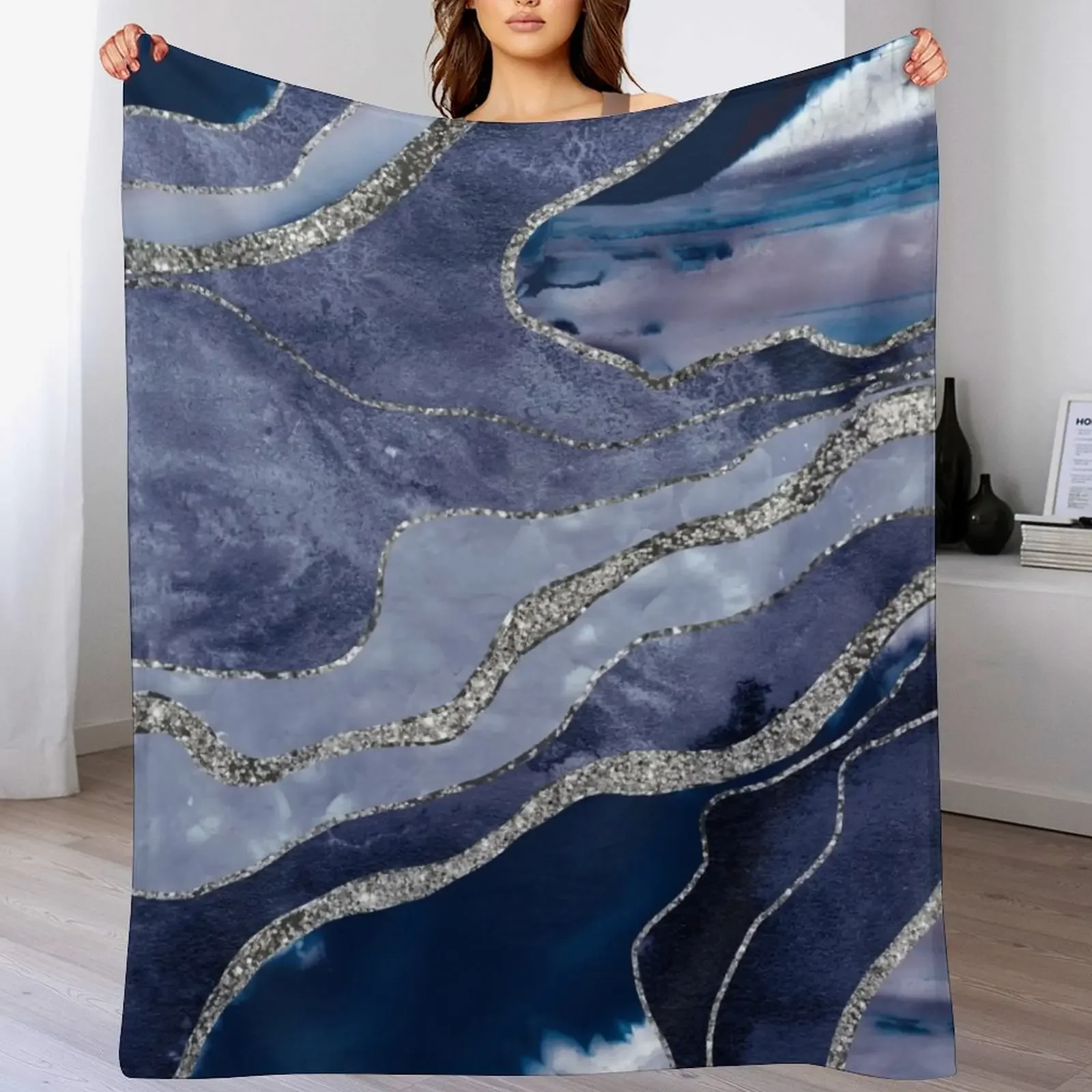 Blue Marble Agate Silver Glam #1 (Photo of Glitter Only - Not Reflective) Throw Blanket Travel halloween Blankets