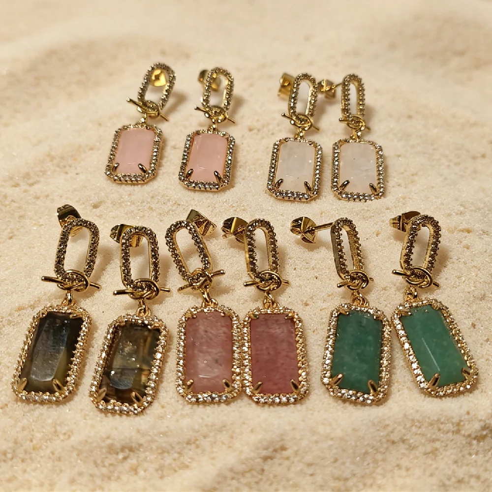 

Wholesale Bulk Golden Plated Knotted Chain Rectangle Natural Crystal Dangle Earrings Rhinestone Border Ear Craft Supplies E2R013