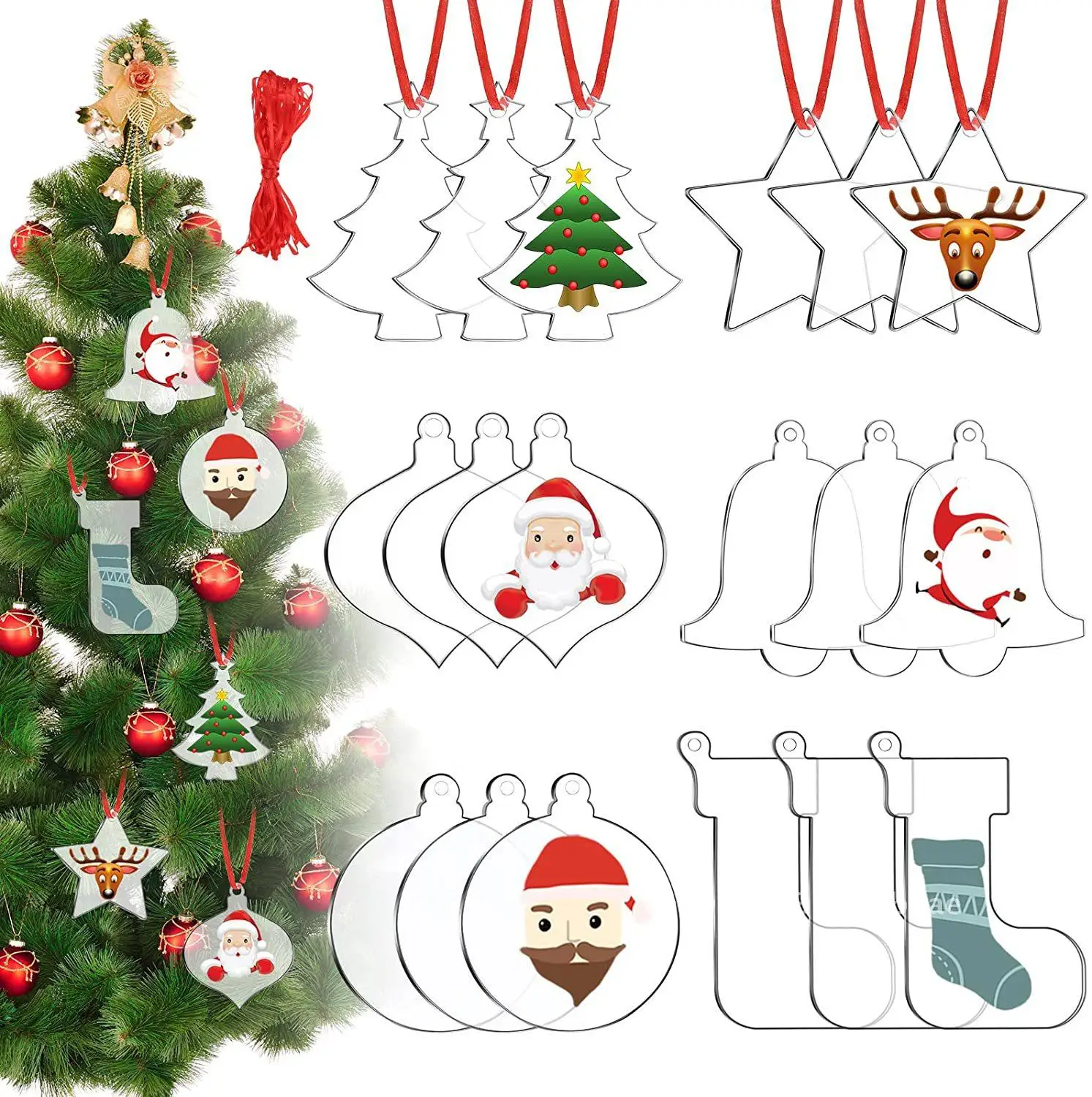 

DIY Christmas Tree Acrylic Blank Decorations with Red Ribbon Transparent Party Hanging Crafts Laser Cut Pastoral European Style