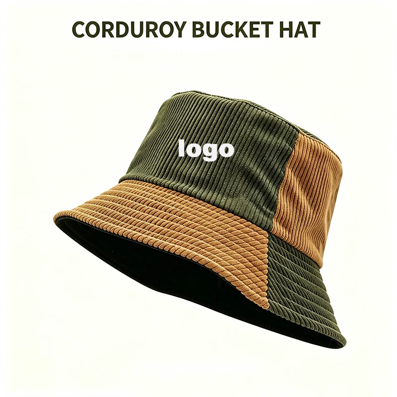 Custom Logo Women Vintage Corduroy Bucket Hat Two Tone Patchwork Street Workwear Wide Brim Sun Cap For Ladies Outdoor Hat