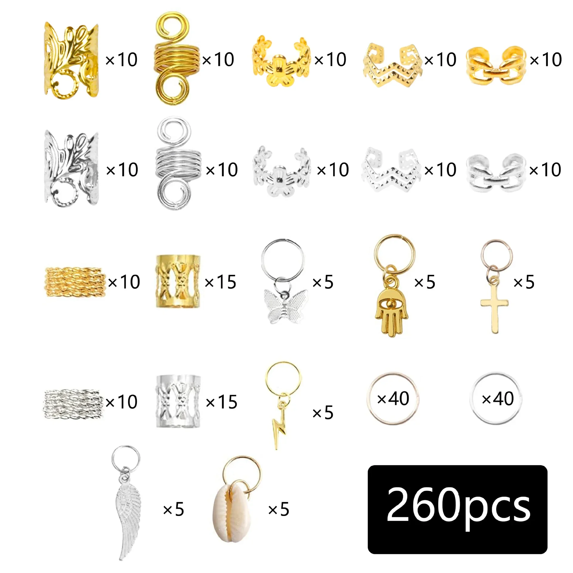 260pcs Hair Jewelry Set Hollow Gold-plated Various Pendant Headdress