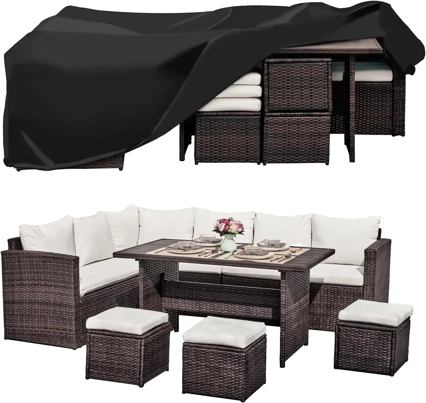 7 Pieces Outdoor Patio Furniture with Dining Table&Chair, All Weather Wicker Conversation Set with Ottoman