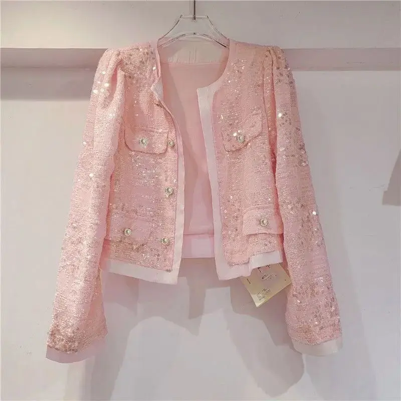 Women's Clothing Outerwear Cardigan Sequins Coat Spring Long Sleeves Stylish Socialite Coat Outerwear Cardigan Versatile Sequins