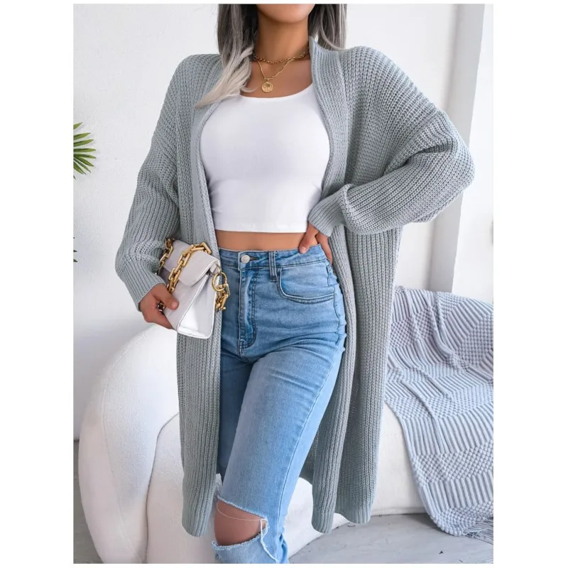 Women\'s Autumn And Winter Casual Versatile Collar Long Jacket Solid Color Cardigan Buttonless Long Sleeved Loose Sweater Coat