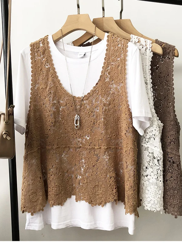 Gilet estivo in pizzo lavorato a maglia sottile Capispalla da donna di grandi dimensioni Scava fuori Anti-età irt Svel rotondo Ne Casual Sle