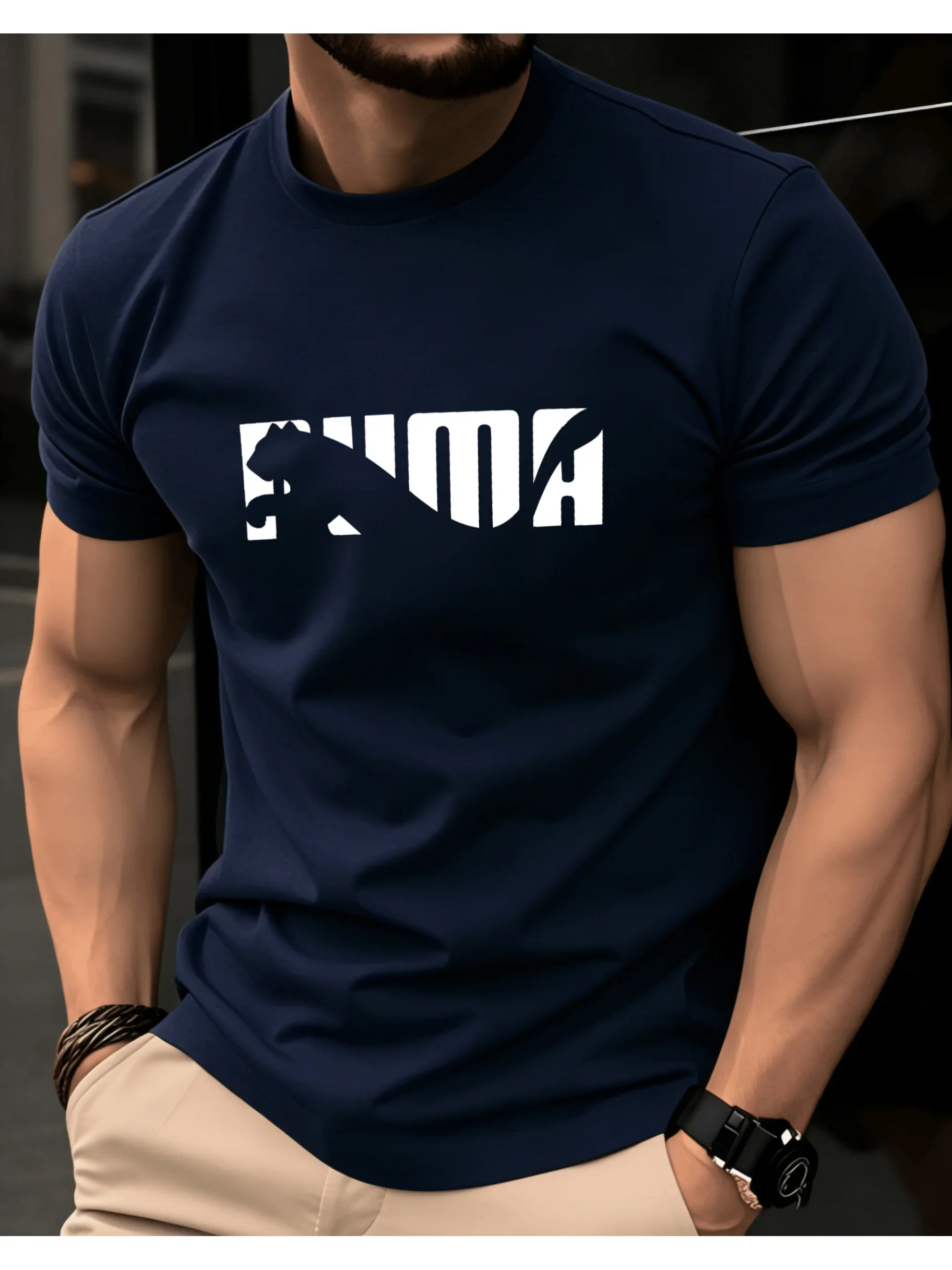 Summer casual men's T-shirt - Fun dinosaur pattern in denim style, with a plunging neckline, breathable and quick-drying.