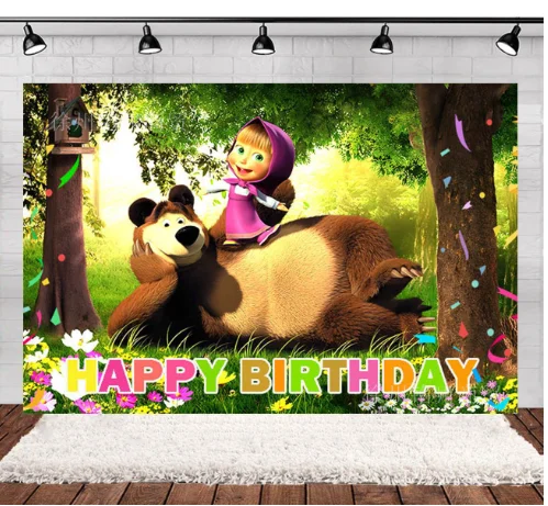 Mascha und der Bär Geburtstagsdekoration Tischgeschirr Becher Teller Tischdecke Ballon Banner Hintergrund Geschenktüten für Kinderparty-Zubehör – Detail 30