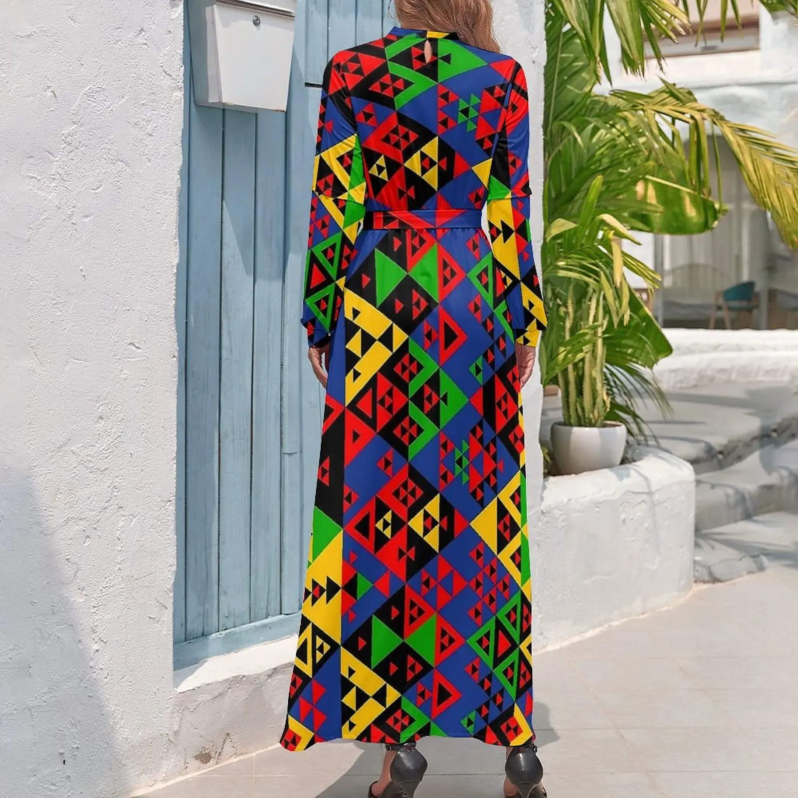 Contrast Color Dress Ethnic Geometric Triangles Trendy Maxi Dress Street Style Beach Long Dresses High Neck Pattern Vestido