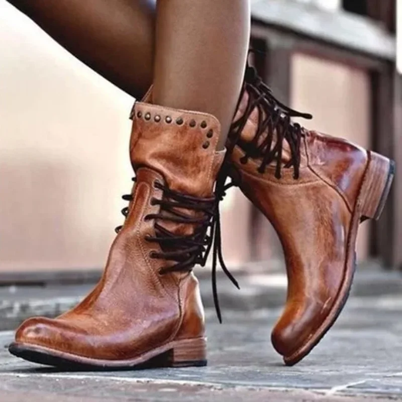 Retro Women Mid Tube Boots Western Cowboy Motorcycle Mid Length Heel Boots British Rome Style Ladies Pu Leather Knight Shoes