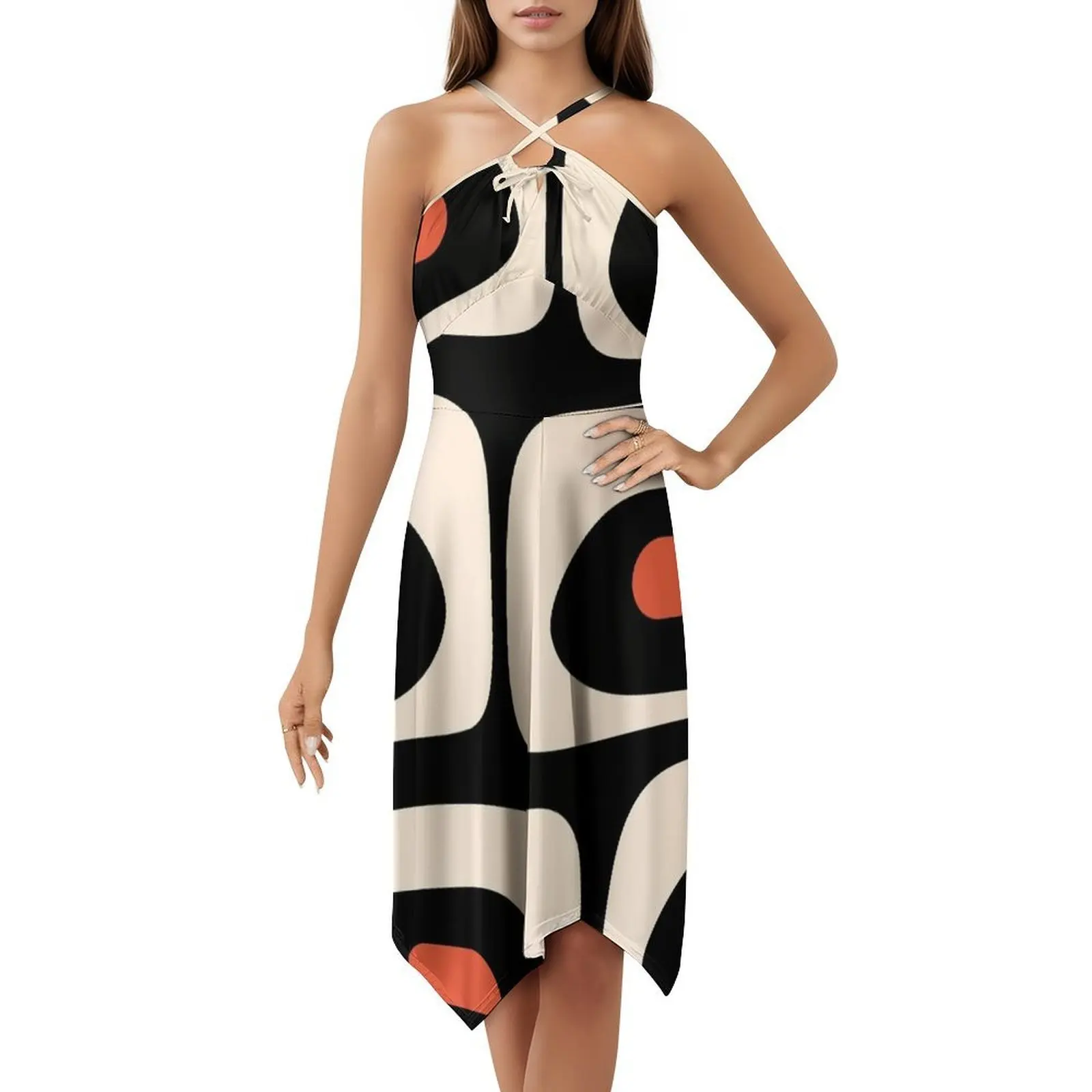 فستان حفلات أنيق للنساء باللون الأسود بنمط تجريدي من منتصف القرن فستان على شكل حرف a مع خيارات قصيرة/طويلة/بدون أكمام