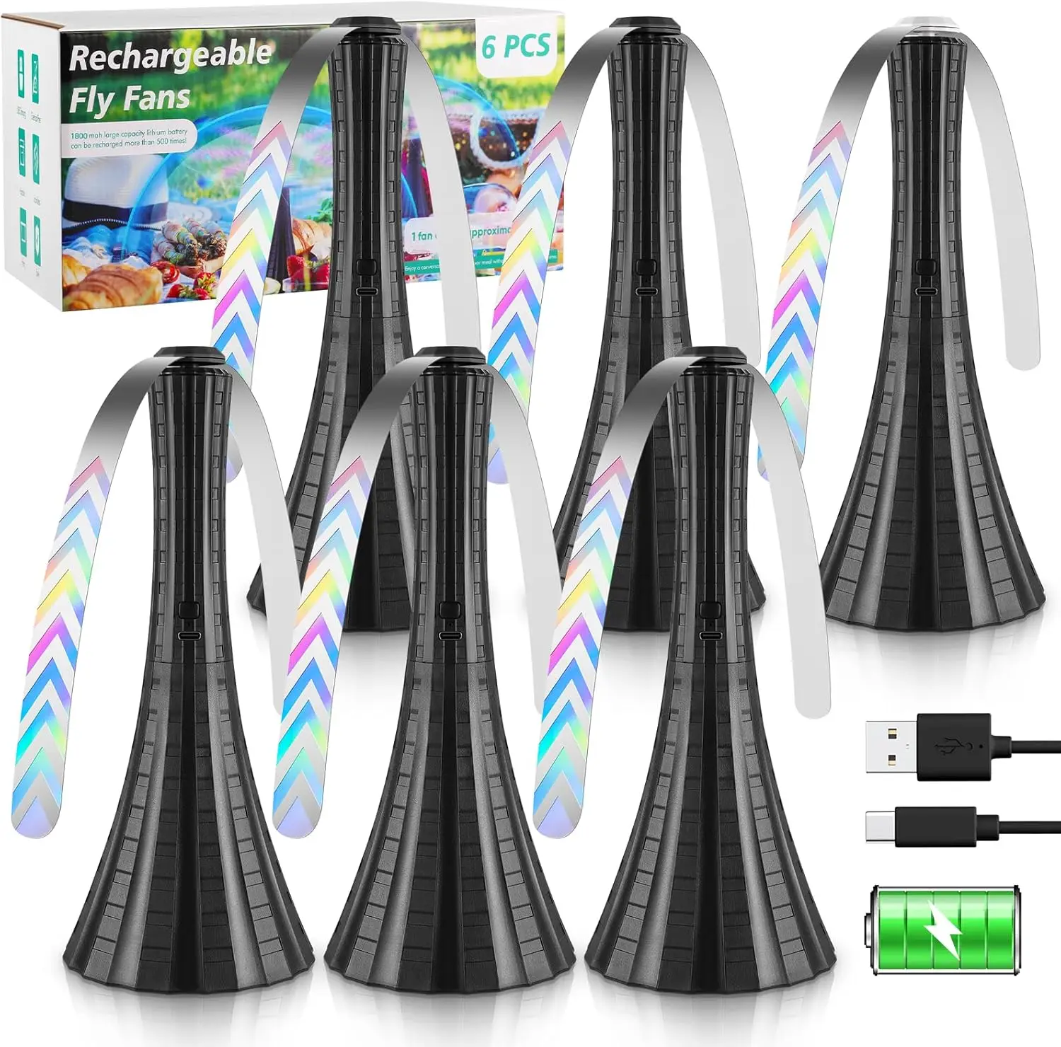 

Перезаряжаемый USB-вентилятор для улицы, патио, кемпинга, пикника, рыбалки - 6 шт. с мягкими лопастями