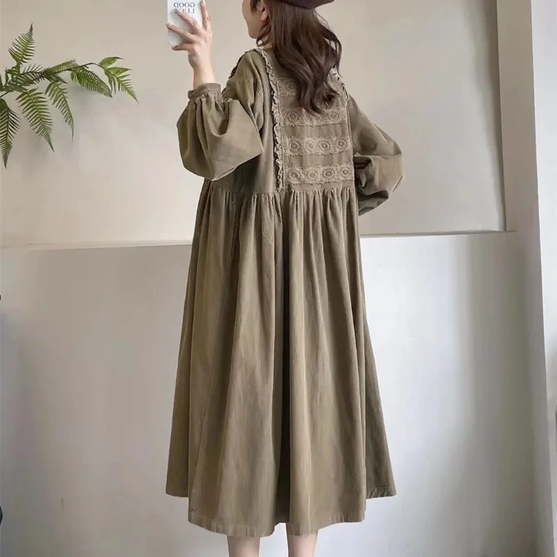 Japanese Mori Girl Vintage Embroidery Corduroy Dress Women Autumn New O-Neck Long Sleeve Casual Loose A-line Midi Dresses