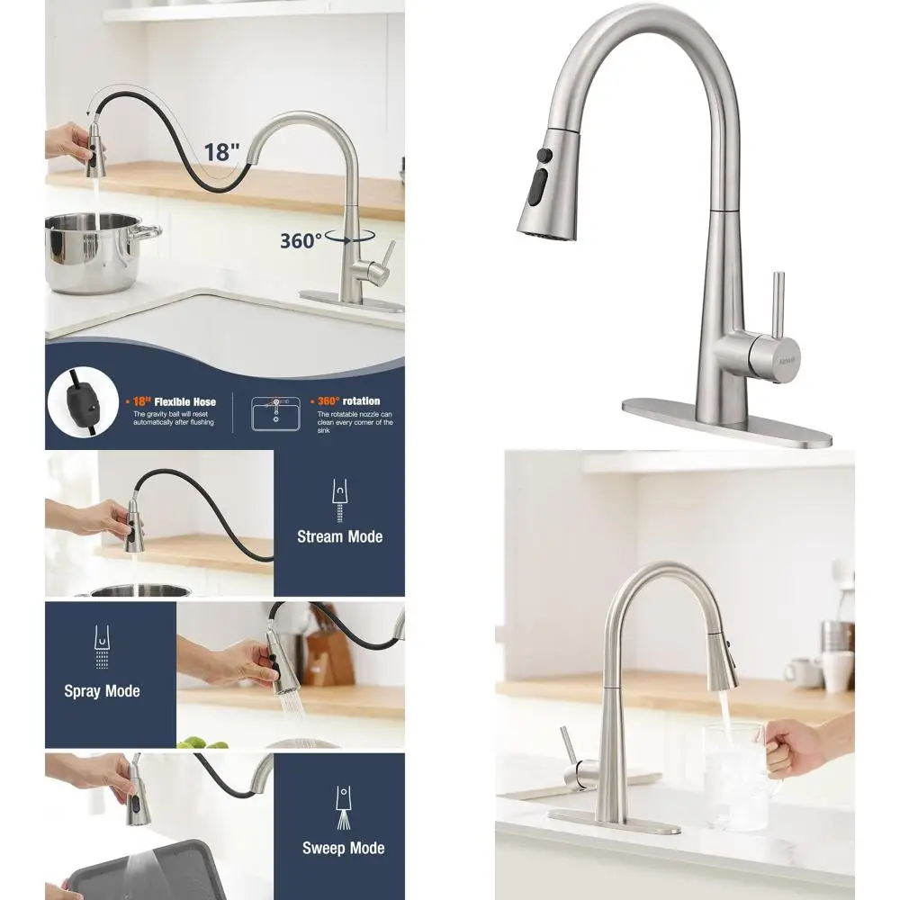 

High-Arc 360° Swivel Pull-Down Sprayer Kitchen Faucet in Brushed Nickel, 3-Mode Head, Suitable for Modern and Farmhouse Sinks, R
