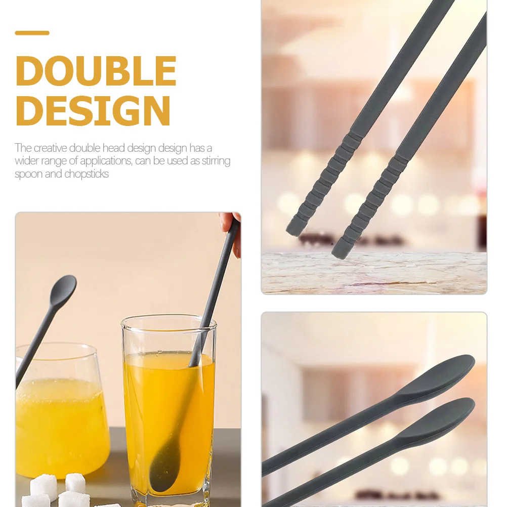 2 Pairs Silicone Chopsticks and Spoons Double End Household Beverage Stirring Enamel Double-head Silica Gel