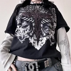 Sudadera con capucha gótica Retro Cyber Grunge para mujer, sudadera de gran tamaño con estampado de Cruz oscura, Top suelto de manga larga falso, ropa de chica Emo, Y2K