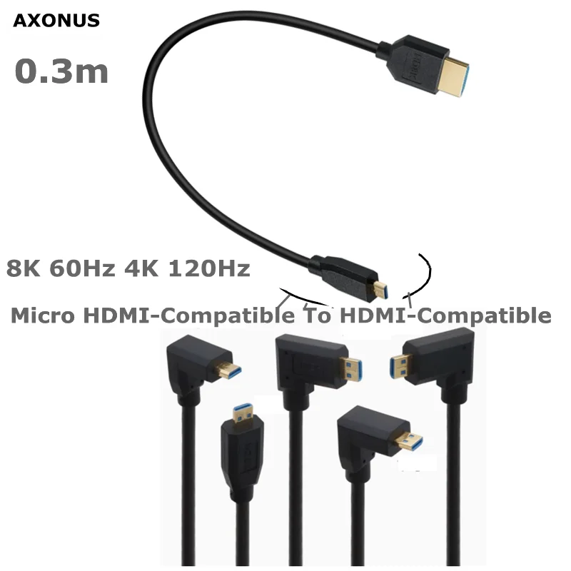 0.3M Angled Micro HDMI-Compatible To HDMI-Compatible 2.1 8K 60Hz 4K 120Hz 48Gbps Camera Video TV Box PS5 HD Ultra Thin Cable