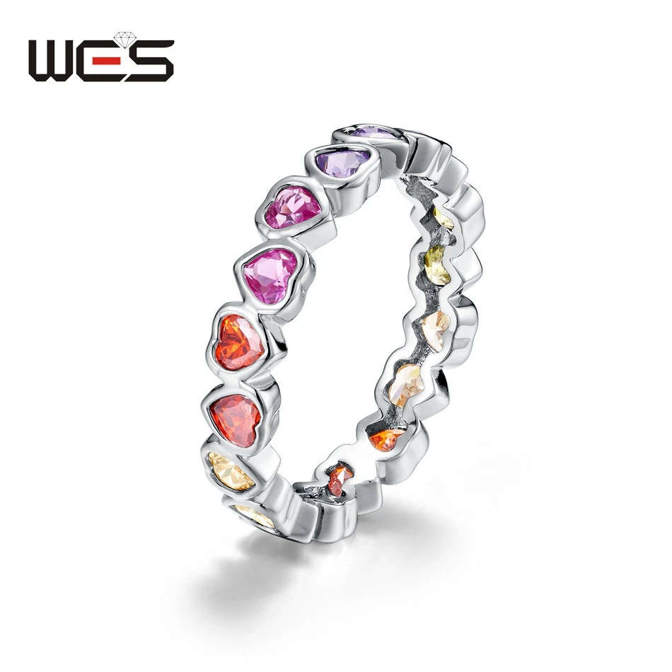 

WES 925 Sterling Silver Love Heart Rings For Women Rainbow CZ Romance Lovely Valentine's Day Gifts Wedding Jewelry Wholesale