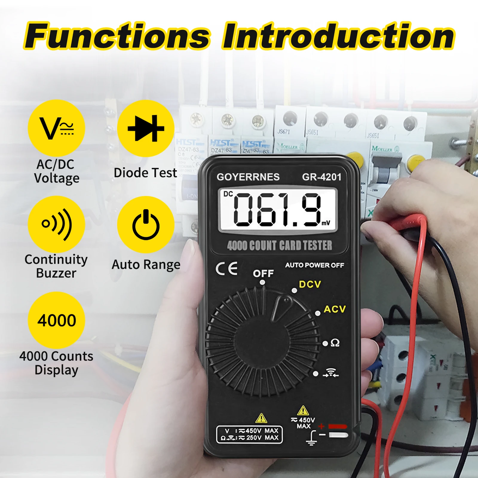 Digital Multimeter 4201 Auto Range 4000 Counts Pocket DMM AC/DC Voltage Resistance Tester for Electrician Home DIY Car Repair