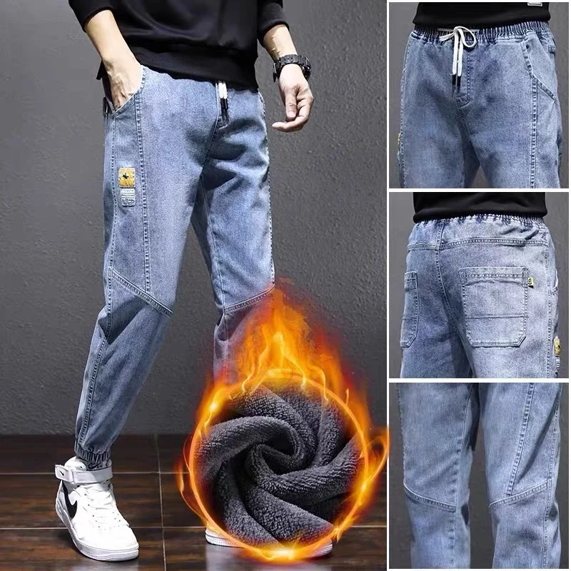 

Мужские джинсы Thiened Fce на подкладке Harlan, зимние износостойкие брюки, повседневные длинные брюки, молодежная мода