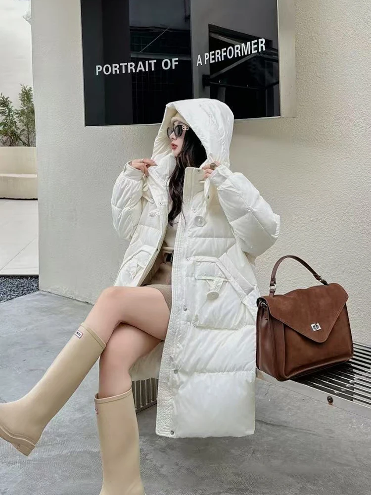 

Winter Hooded Mid Length Warm Down Jacket Women White Duck Down Fluffy Zipper Parker Outwears Female Loose Thicken Long Jackets