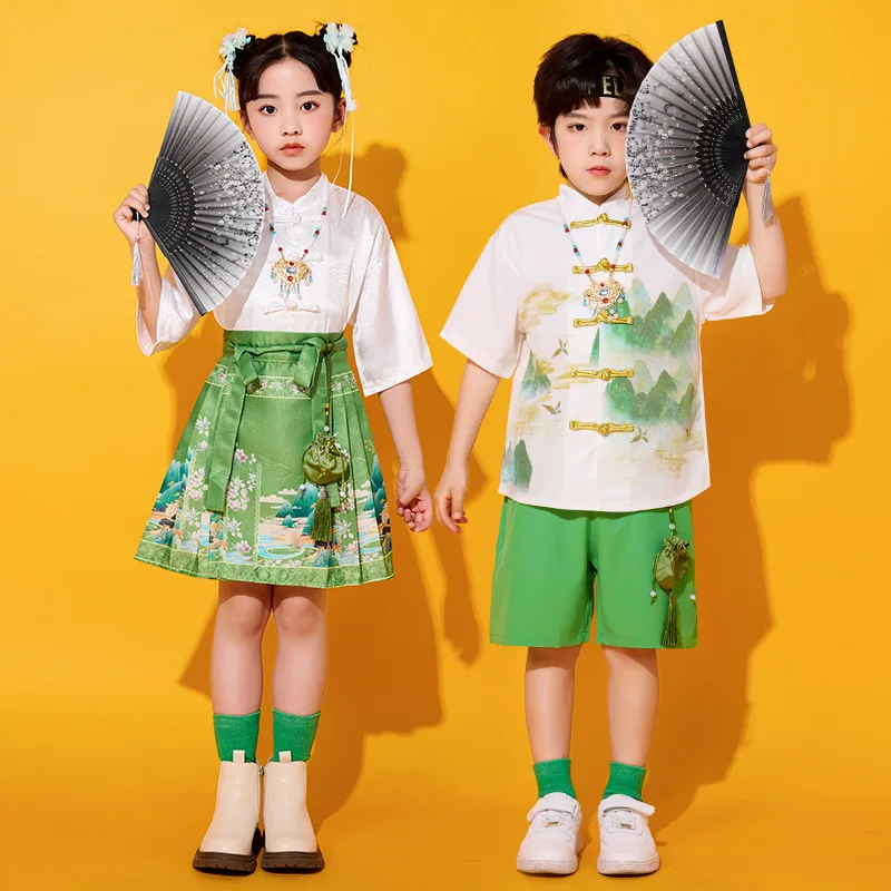 Girl Performance Hanfu Costume Elementary School Graduation Photo Class Uniform Soft Polyester Fiber Ancient Chinese Style