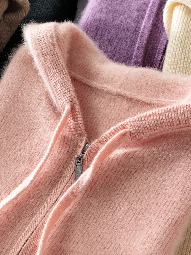 Autumn Winter Cashmere Cardigan Knitwear 100% Merino Wool Women Sweater Hooded Solid Color  Long Sleeve Casual Clothing Tops