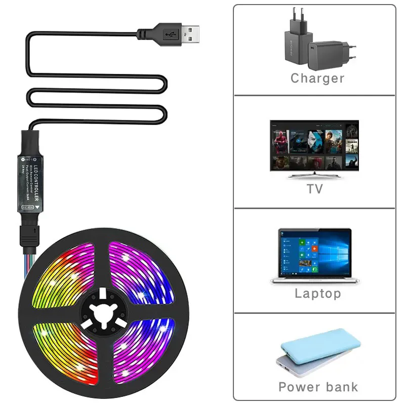 Luzes de tira LED com aplicativo e controle IR, RGB, USB, brilhante, melhor terno para quarto, TV, parede, sala de estar, decoração da festa, 5050,