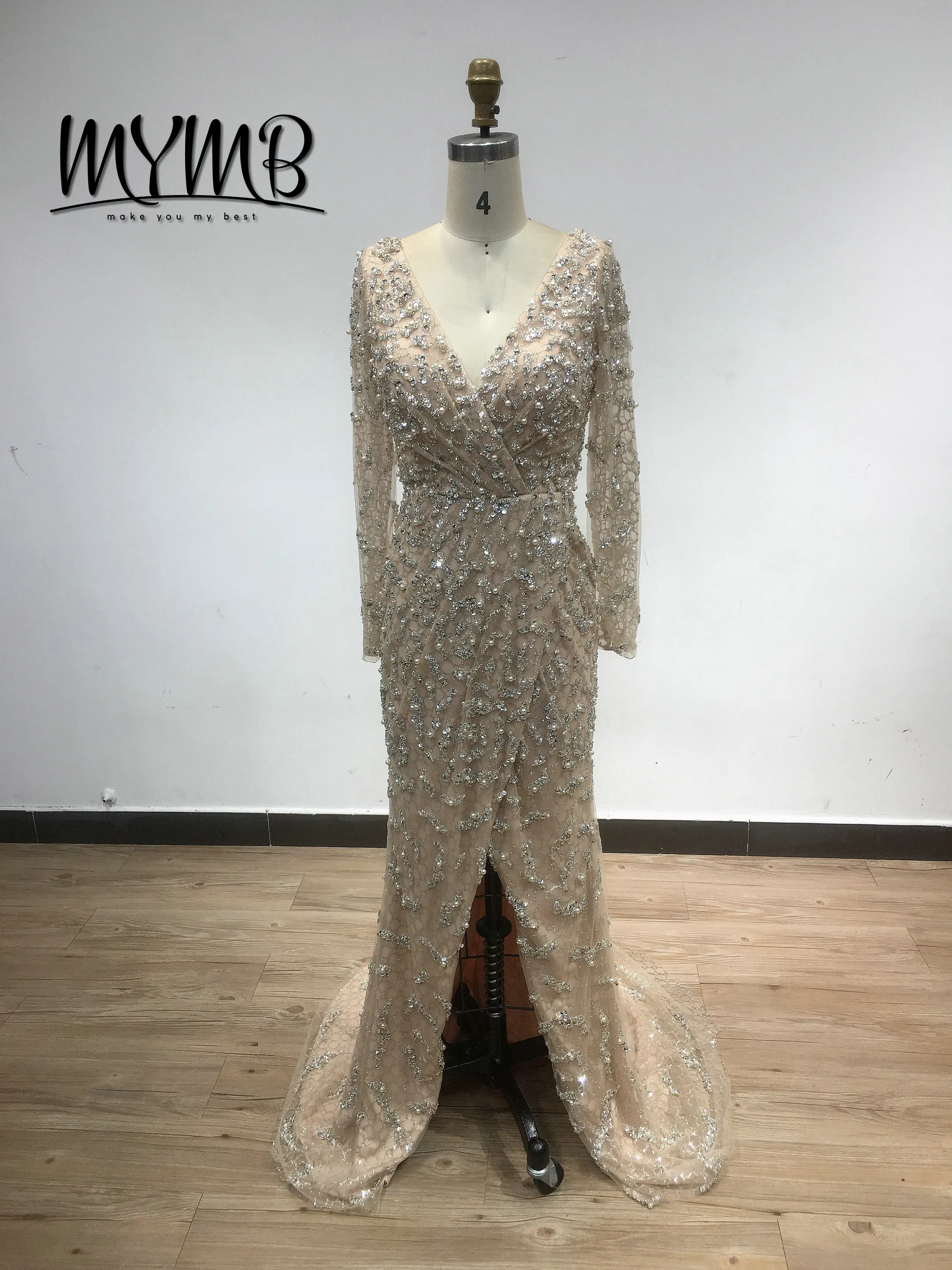 MYMB Elegant Beaded Sequin Dubai Muslim Formal Party Gown Long Sleeve Plus Size Muslimah Mother of the Bride Prom Dress DKW21338
