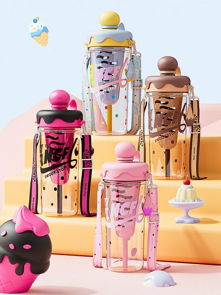 

880ml Plastic Water Bottle with Straw Cap Cute Drinking Cup Creative Straw Large Capacity Portable Summer Milk Tea Cups