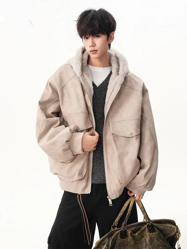 

American Sle Hooded PU Leather Cotton Jaet Men's Winter Faion Brand Haome Warm Versatile Cotton Coat Overcoat