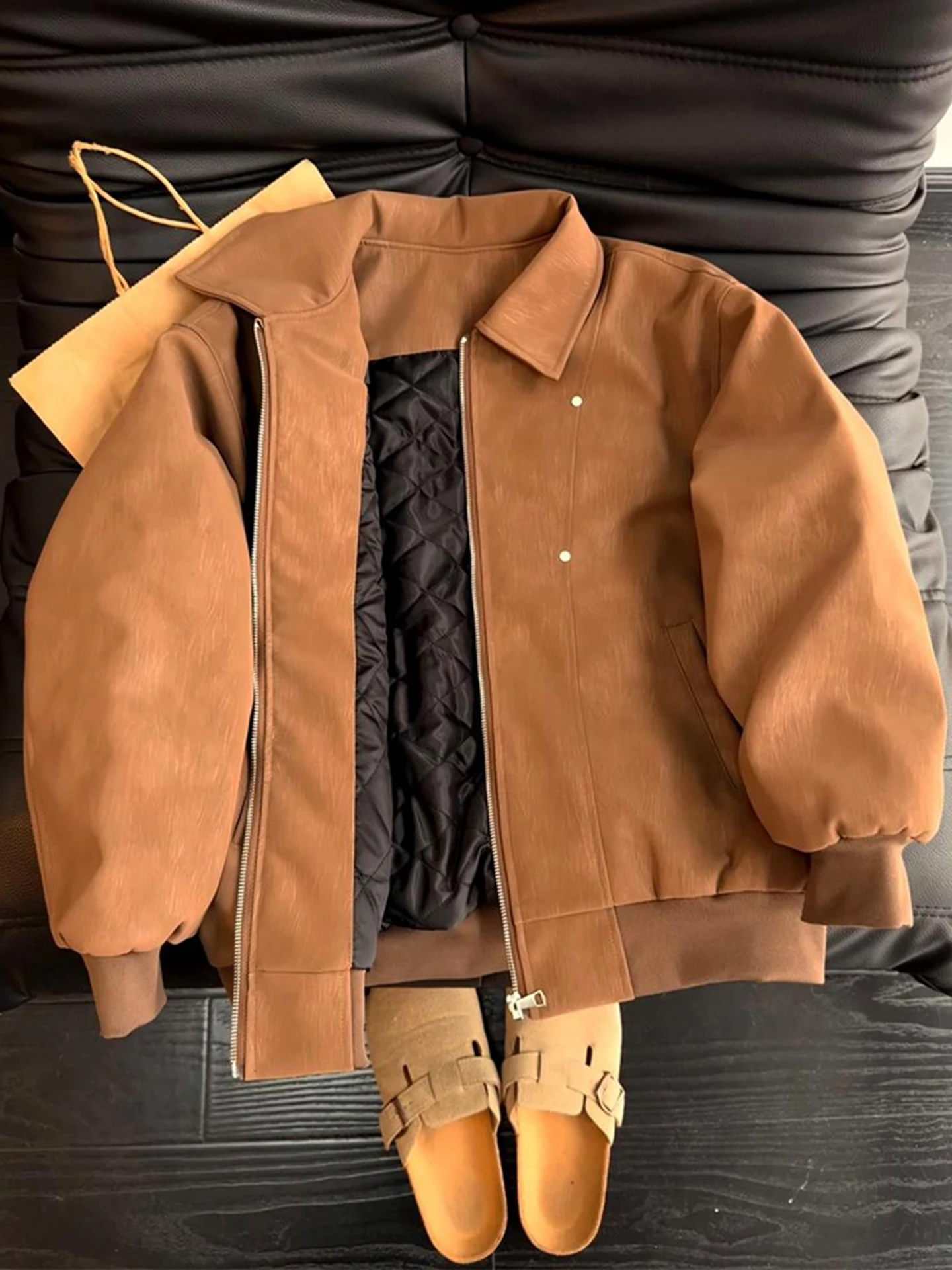 

rupa Brown Fce Lined PU Leather Flight Jaet Мужское зимнее хлопковое пальто Thiened American ort Мотоциклетная повседневная одежда