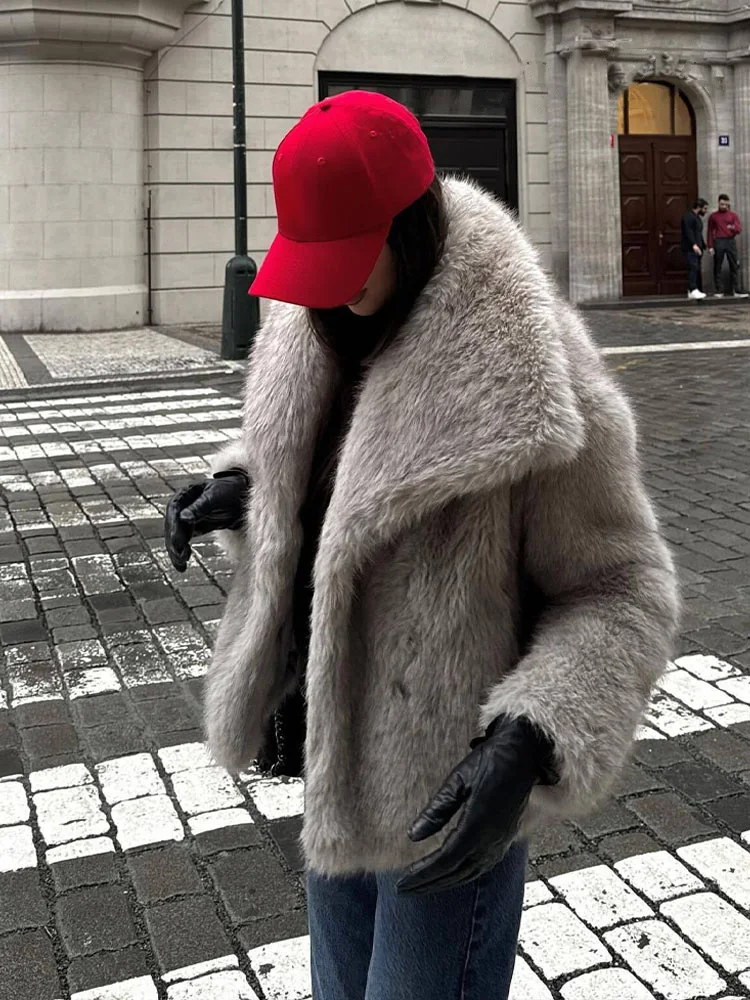 HH Winter Warm Thickened Women\'s Faux Fur Jacket Fashion V-Neck Long Sleeve Casual Short Jacket Women\'s Short Top Y2K