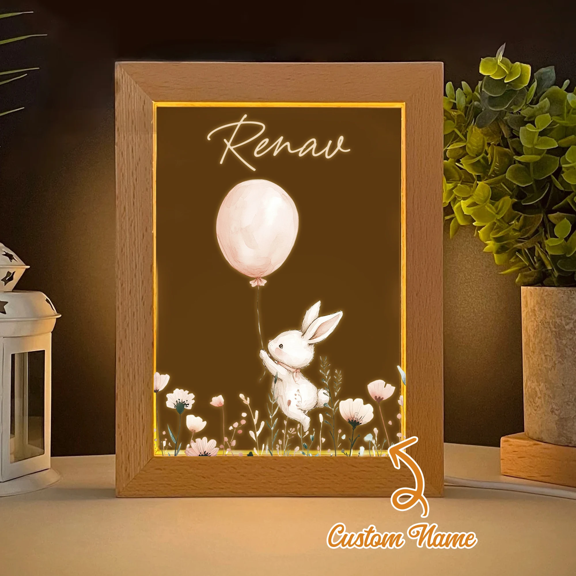 

Rabbit Playing With Balloons LED Night View Photo Frame Personalized Gift Family Living Room Bedroom Dining Room Home Decor
