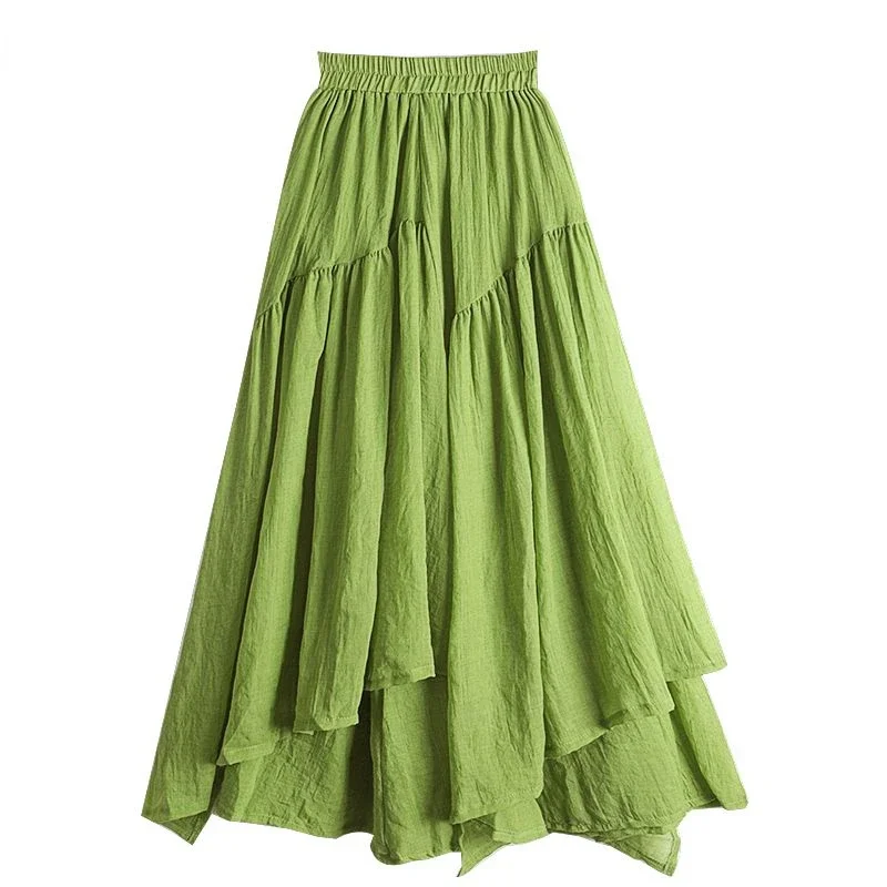 Irregular Skirts for Women Green Casual Elastic High Waist Skirts Vintage A-line Slim Elegant Mid Length Skirt New Summer 2024