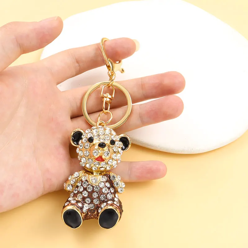 Cute Little Bear Rhinestones Enamel Keychain Couples Accessories Bag Pendant Car Interior Exquisite Keyring Gift for Children