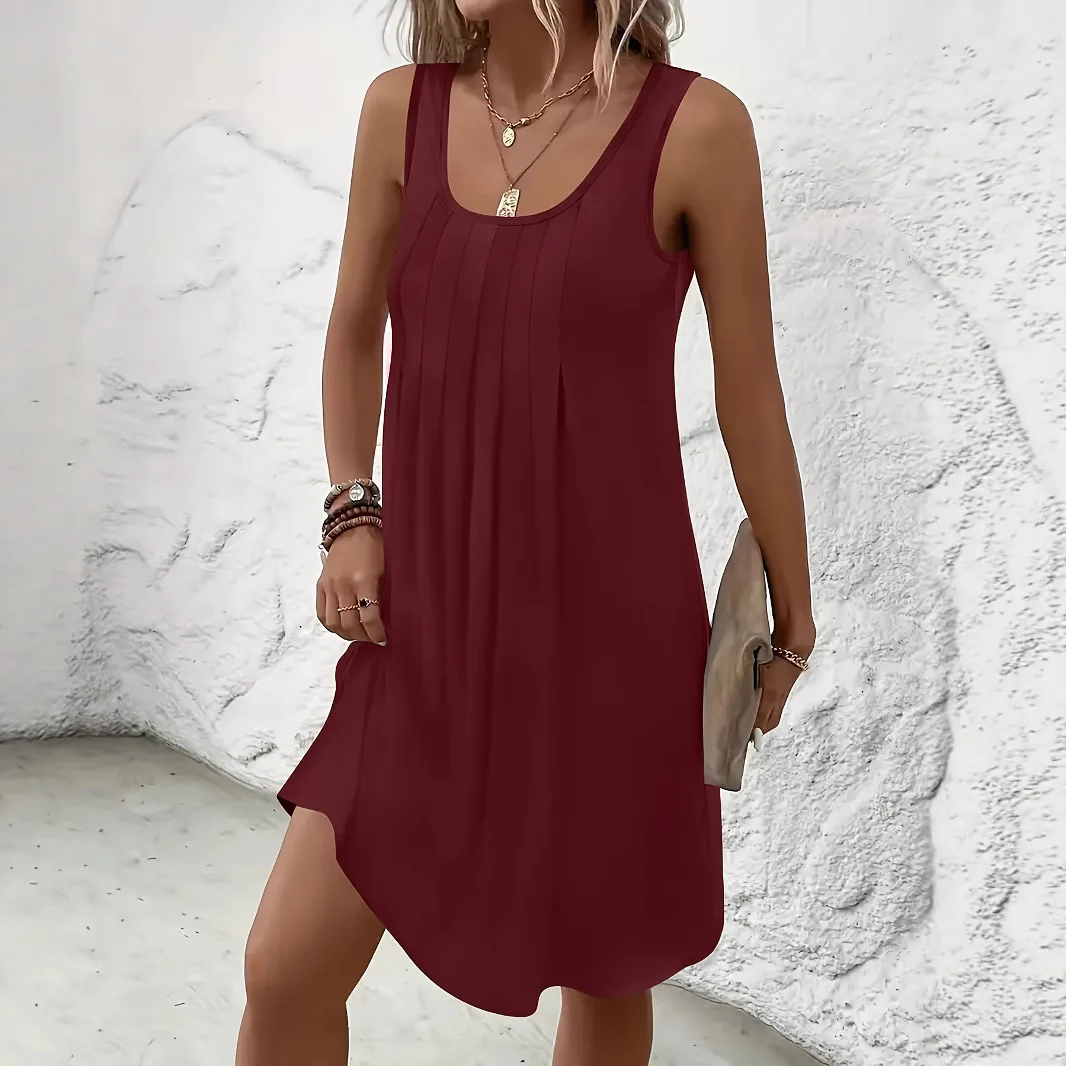 2026 Neue Lässige Damen-Tanktop-Kleider mit U-Ausschnitt, Vorderseitig Plissiert, Locker Fallendes Minikleid, Einfarbig, Weich, Sommer, Strand, Alltagskleidung
